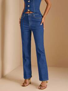 SHEIN BAE 女式口袋直筒宽松休闲百搭牛仔裤 - 中等水洗藍 - 查看 5