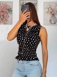 Siren Gaze 开学必备！2025年新款女款黑白波点印花圆领修身背心 - 教师装、机场装、秋冬季必备，可爱又端庄，适合日常通勤和外出 - 黑色 - 查看 8