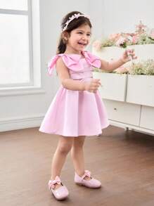 Elegantes Sommerkleid für Mädchen mit süßem Farbblockdesign und Satin-Schleifenverzierung - Pink - Übersicht 4