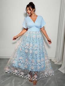 Elenzga Váy xòe chữ A cổ chữ V, chất liệu vải dệt kim mềm mại, thêu 3D nhiều màu, thanh lịch cho kỳ nghỉ, tiệc tùng và tụ họp - Màu xanh lam - Xem 3