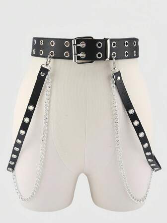 Grunge Punk Goth Style Double-Buckle Waist Chain, Versatile Fashion Waist Belt & Leg Chain Set, Halloween