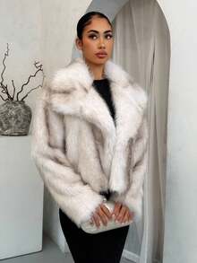SHEIN SXY Women's Tie-Dye Oversized Lapel Long Sleeve Loose Faux Fur Jacket,Party , Chic ,Faux Fur Coats,Winter,,Fall - White - View 3