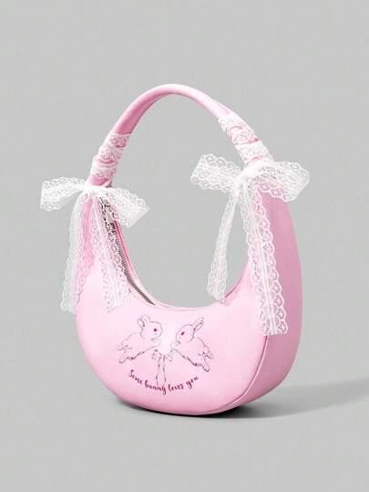 Kawaii Ladies Women Rabbit Pattern Print Hobo Shoulder Bag, White Lace Ribbon Bow Decor, Fashionable, Personalized, Simple, Versatile, Street, Sweet And Cool Style, Y2K, Pink (Ribbon Detachable)