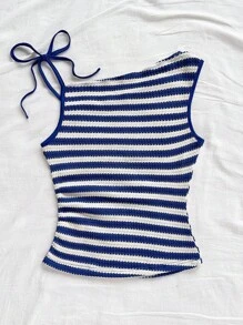 Soleia Women's Vacation Red & White Striped Knit Asymmetrical Neck Fitted Top, Suitable For Party, Christmas, Date, Beach, Cruise, Carnival, Summer Striped Tank Top Striped Summer Top Summer Tops Women Blue And White Striped Top Knit Tank Top