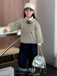 DAZY Suéter de cuello redondo a rayas para niñas pequeñas, ropa de otoño - Albaricoque - Ver 2