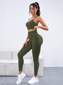 SHEIN Sports 无缝高弹力女士运动瑜伽套装 - 綠色 - 查看 3