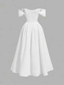 SHEIN MOD 大码露肩米色褶饰连衣裙，优雅适合各种场合 - 白色 - 查看 2