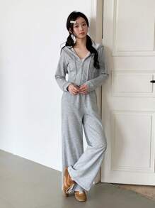 Sweetra Young 2pcs/Set Teen GirlGray Hoodie Sweatshirt And Loose Pants, Casual Sports College Style Outfit Fall Winter