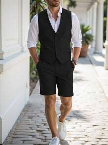 Calvornis Men's V-Neck Sleeveless Button-Down Vest And Slim-Fit Dress Shorts Set - Black - View 4
