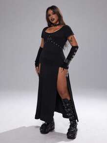 Whyspr Plus Size Women's Black Five-Pointed Star Decor Solid Elegant Off Shoulder Simple Casual Dress , Halloween - Black - View 4