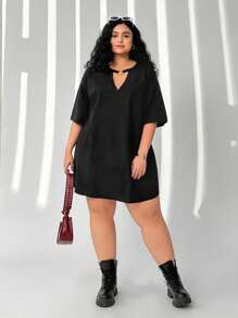 Solflare 加大码宽松镂空肩黑色T恤，加大码，休闲 - 黑色 - 查看 3