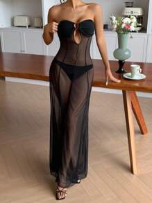 DAZY Cămașă de noapte lungă și sexy, din plasă neagră, cu model patchwork, transparentă, pentru femei