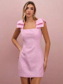 Enchnt 秋冬浪漫女士淡粉色粗花呢大蝴蝶结肩部无袖公主可爱迷你连衣裙 - 粉色 - 查看 3