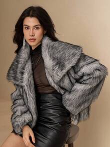 DAZY 女士复古蓬松外套，时尚秋冬夹克仿皮草大衣 - 白色 - 查看 1