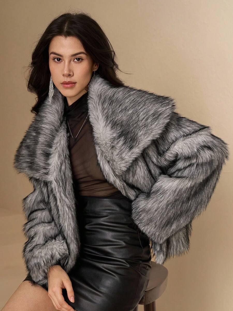 DAZY 女士复古蓬松外套，时尚秋冬夹克仿皮草大衣 - 白色 - 查看 1