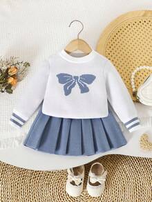 SHEIN Crew Neck Langarm Set Kleid, Schleifen Dekor gestreifte Manschette, lebendiger Rock Stil