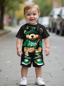 SHEIN Áo thun ngắn tay cổ tròn và quần short cho bé trai hoạt hình 2 cái/bộ Thích hợp cho mùa hè - màu đen - Xem 2