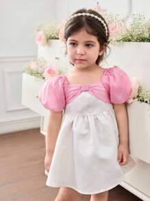 SHEIN Baby Girl Woven Contrast Color Puff Sleeve Snug Fit Dress - Pink - View 6