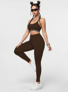 SHEIN Essnce 休闲运动纯色百搭紧身女长款打底裤，适合春秋季节 - 巧克力棕 - 查看 5