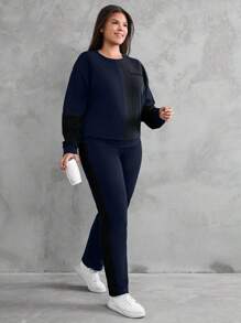 EURMUSE Sudadera y pantalón de chándal con bloqueo de color y gráfico de letra de algodón - Azul Marino - Ver 1