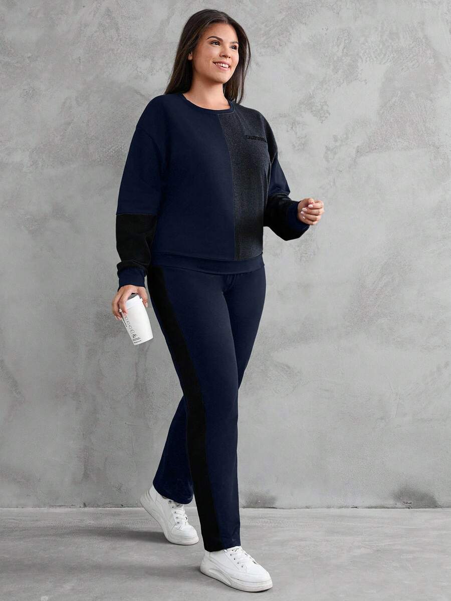 EURMUSE Sudadera y pantalón de chándal con bloqueo de color y gráfico de letra de algodón - Azul Marino - Ver 1