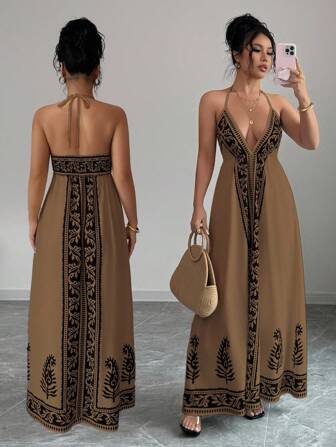 Breezaya 女士印花深V领连衣裙，夏季连衣裙，美拉德风格，棕色系夏季大学服装