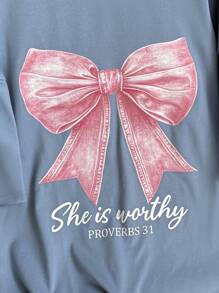 INAWLY 女士休闲蝴蝶结印花圆领短袖T恤，夏季百搭 - 霧霾藍 - 查看 6