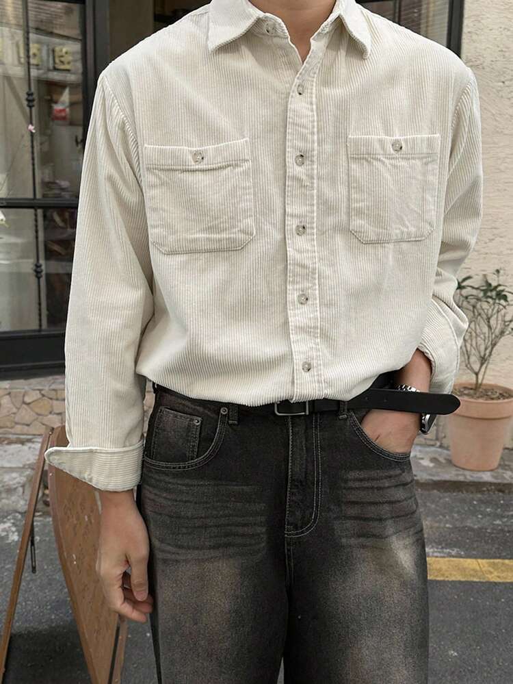 Men's Corduroy Texture Shirt, Beige, Autumn Long Sleeve Men Shirt