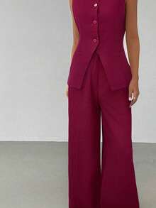 SHEIN EZwear 女士休闲勃艮第亚麻西装背心和阔腿裤套装 - 酒紅色 - 查看 6