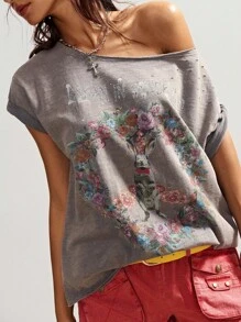 Bohemela Casual Solid Color Knit Asymmetrical Neck Short Sleeve Loose Washed Women T-Shirt - Grey - View 6