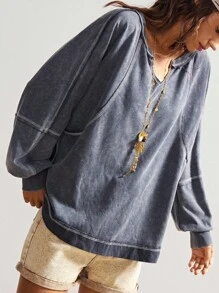 Bohemela Women's Casual Solid Color V-Neck Long Sleeve Loose Washed T-Shirt Travel Slate Blue Autumn - Grey - View 3