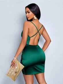 SOLERSUN Elegant Solid Color Draped Collar Backless Ruched Satin Party Bodycon Short Dress - Dark Green - View 2