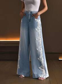 Selenza Women's Elegant Lace Patchwork Denim Jeans - Blue - View 3