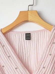 Franclia Pink Ruched Rhinestone Embellished V-Neck Puff Sleeve Cinched Waist Blouse Clothes For University - Pink - View 4