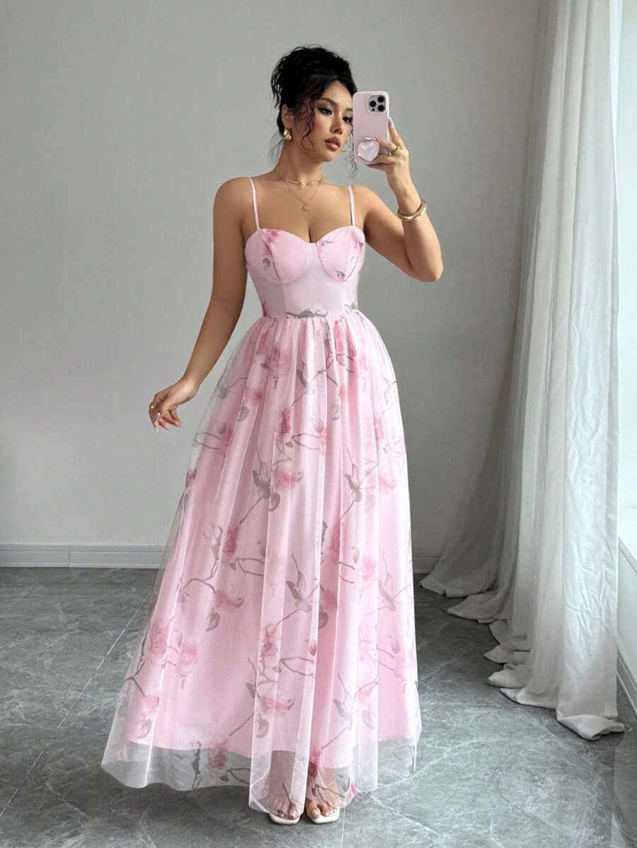 Elenzga Elegant Floral Rose Print Sleeveless A-Line Long Dress With Ruffle Trim, Romantic Spring/Summer Resort Chiffon Maxi Dress, Flattering Style - Pink - View 1
