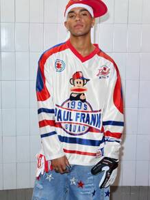 ROMWE MEN Paul Frank X ROMWE 男士卡通条纹撞色V领T恤，秋季长袖上衣 - 白色 - 查看 1