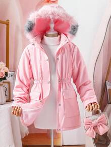 SHEIN Cappotto imbottito lungo e caldo per ragazze pre-adolescenti, casual e versatile per la scuola e l'uso quotidiano, con tasche, coulisse in vita, in colore sfumato rosa e contrasto fuzzy, adatto per l'autunno e l'inverno - Rosa - Visualizzare 3