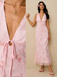 Poéselle Women's Dresses Net Embroidery Dress Pink Dress Romantic Vacation Tea Dress Vest Dress Women's Floral Embroidery Deep V-Neck Sleeveless Dress With Waist Tie Y2k Clothes Country Concert Outfit Old Money Streetwear Going Out Outfits Beach Vacation Outfits Party Outfit - Pink - View 2