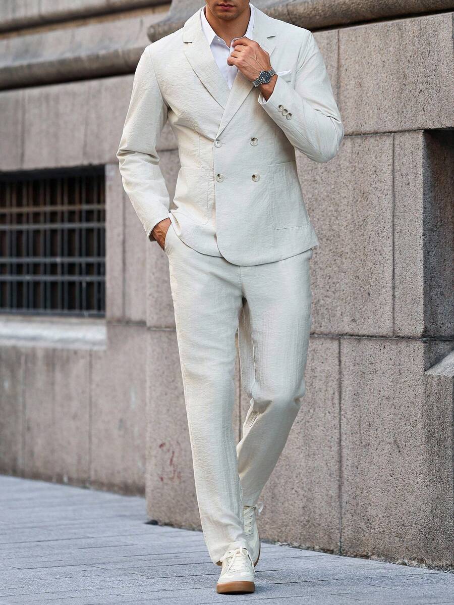 Manfinity Bizformal 男士纯色夹克和裤子套装 - 米色 - 查看 1