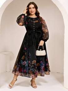 Veilorie Plus Size Women Elegant Floral Print Arabic Style Dress