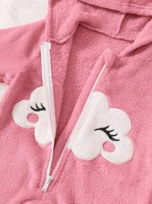新生女婴可爱卡通云朵图案贴花连帽拉链法兰绒连体衣，秋冬 - 藕粉色 - 查看 4