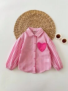 Baby Girl Cute Casual Versatile Pink & White Striped Heart Long Sleeve Shirt Baby Girl Striped Shirt Toddler Girl Long Sleeve Shirt Baby Girl Button Up Shirt Toddler Striped Long Sleeve Shirt Baby Girl Heart Shirt Fall Winter