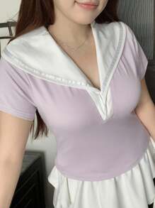 Dazy Plus 海军蓝领弹性针织修身短袖大码女式 T 恤 - 淺灰紫 - 查看 3