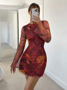 Siren Gaze 女式花卉印花露背秋季迷你连衣裙焦橙色连衣裙铁锈色连衣裙透视连衣裙网眼连衣裙露背连衣裙 - 彩色 - 查看 2