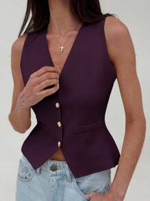 Aloruh 优雅V领纯色简约秋冬针织背心毛衣，搭配现代金属纽扣