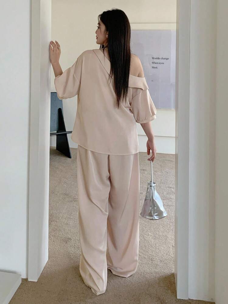Dazy Plus Plus Size Oblique Placket Off-Shoulder Short Sleeve Pullover Top & Loose Pants Casual Elegant 2 Pieces Set Lounge Sets For Women