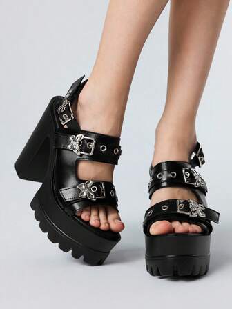 Grunge Punk Women's Fashion Elegant High Heels, Black Round Toe Chunky Heel Punk Goth Style Roman Sandals, Suitable For Parties, Daily Wear, Formal Occasions, Adds Height & Elongates Legs, Comfortable & Versatile