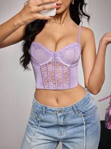 Bra De Lencería Con Encaje Contrastante Y Aros - Morado - Ver 5