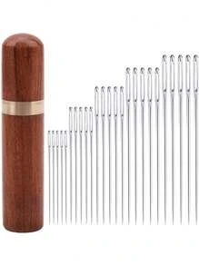 SHEIN 1 Set/2 Sets 25 Stück große Nähnadeln für die Handarbeit - Kreuzstich, Leder & Stickerei Nadeln mit Holz Nadelkästchen für einfache Aufbewahrung