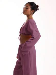 MUSERA 亚麻质感系带宽袖沙滩上衣，度假波西米亚风，春季性感优雅，伊比沙岛度假必备，优雅夏季 - 紫色 - 查看 3